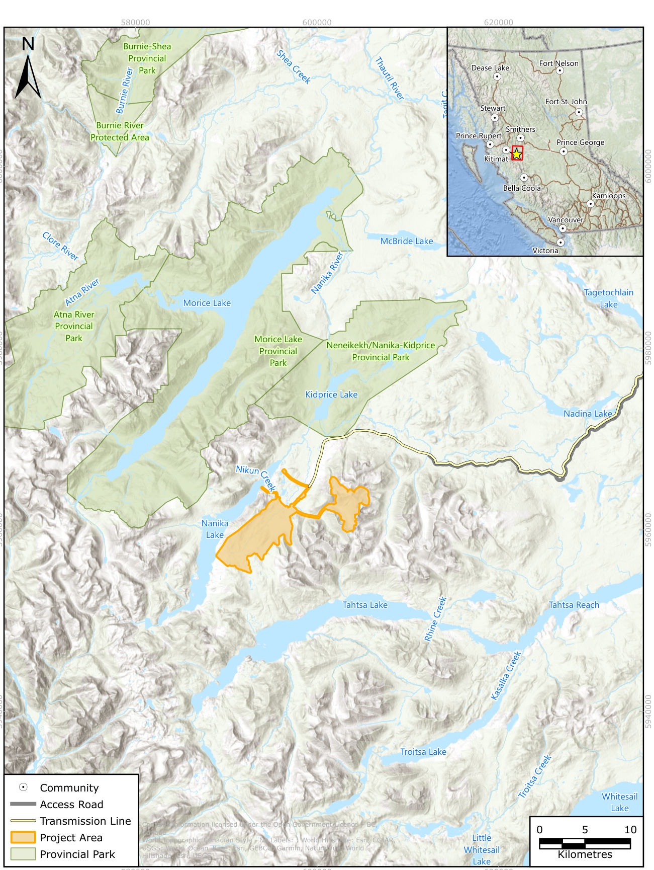 Map of provincial parks around the Project Area: Atna River, Morice Lake and Nenikëkh/Nanika-Kidprice parks lie to the north and northwest, and Burnie-Shea further north. The orange Project Area sits southeast of Nanika Lake, south of the parks, with the access road and transmission line heading east.