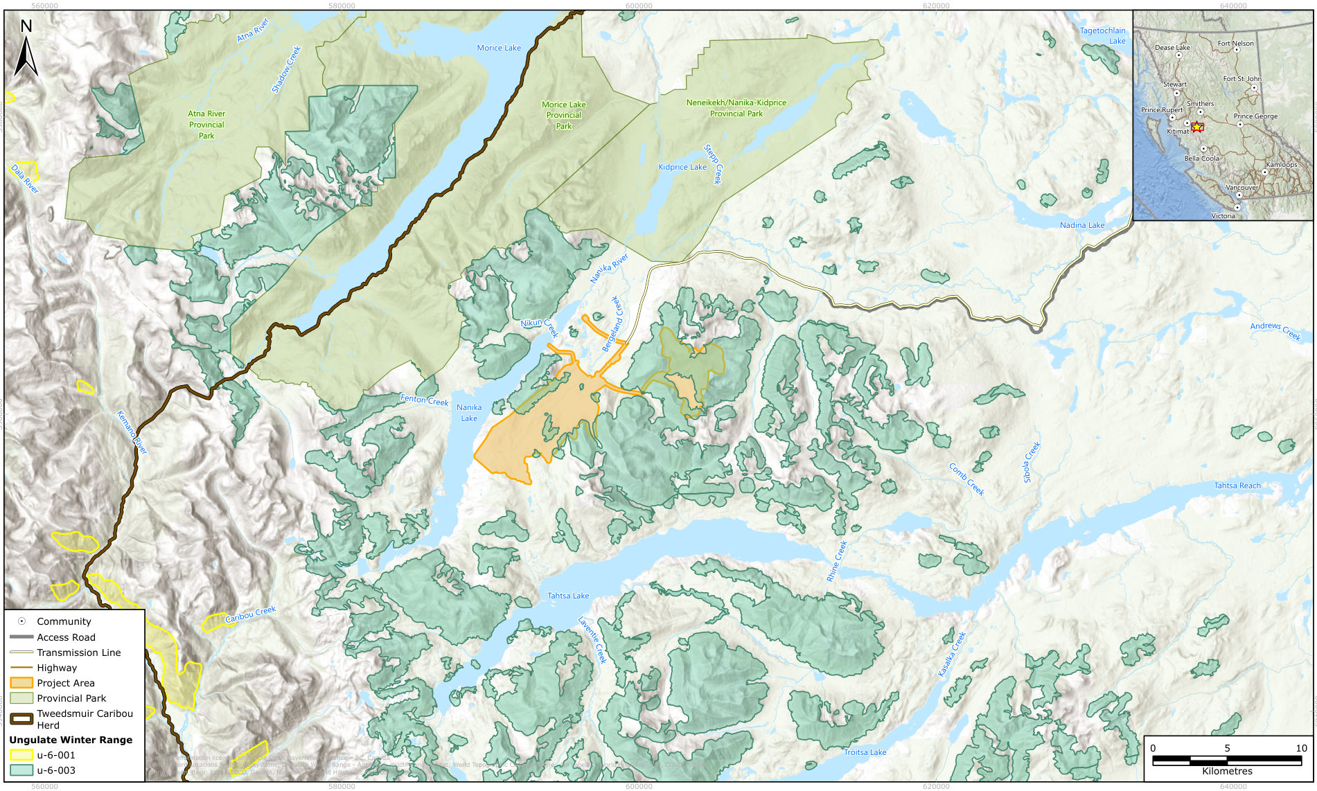 Map of caribou herd boundary and ungulate winter range. A dark line marks the Tweedsmuir caribou herd boundary running north-south west of Nanika Lake. Green patches of mountain goat winter range U-6-003 are scattered across the mountains, including over part of the orange Project Area east of Nanika Lake.