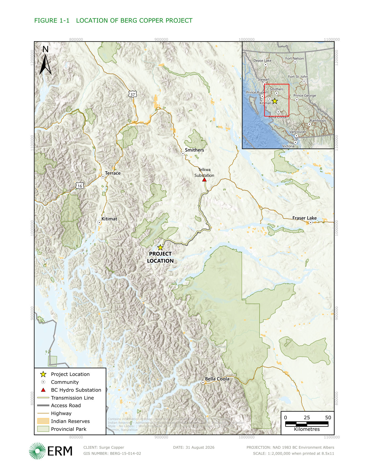 Map of west-central BC showing the project location southwest of Houston, with Smithers, Terrace and Fraser Lake, the Telkwa substation and a proposed transmission line.