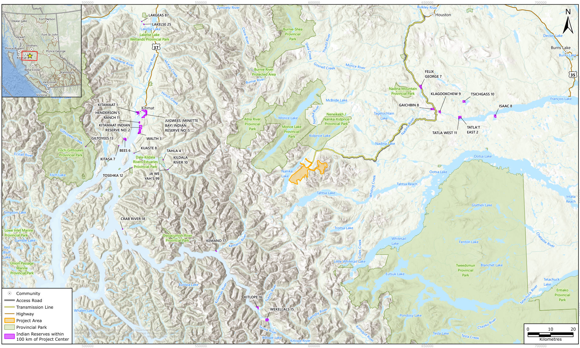 Regional map from Kitimat to Burns Lake. Purple squares mark Indian reserves within 100 km of the Project, clustered around Kitimat and Kitlope to the west and along Francois Lake to the east. The orange Project Area lies at Nanika Lake, with the transmission line running north to Houston.