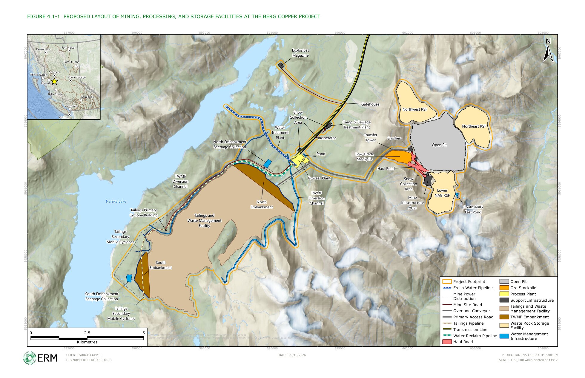 IPD Figure 4.1-1, a 1 to 60,000 map of proposed layout. Open pit and its northwest and northeast rock storage facilities sit at upper right. A tailings and waste management facility fills a valley beside Nanika Lake at lower left, with north and south embankments. Process plant, camp, crushers and conveyors lie between them. UTM grid labels run along its edges.