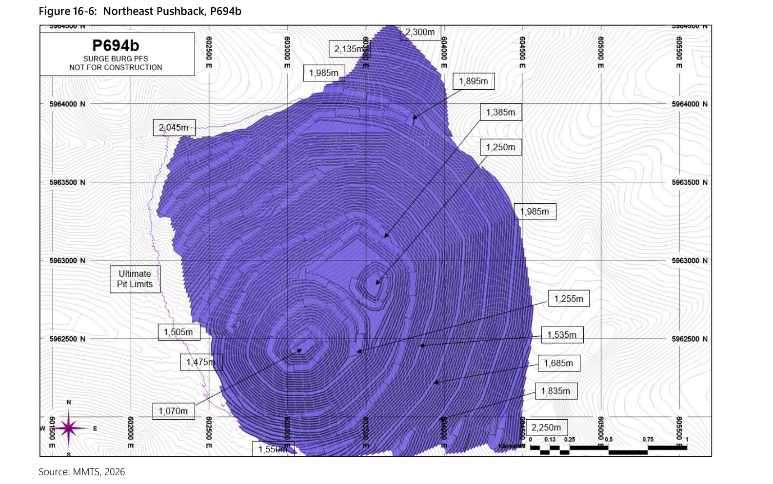 PFS Figure 16-6, plan of Northeast Pushback on a UTM grid, with benches drawn and elevation labels for its crest and floors.