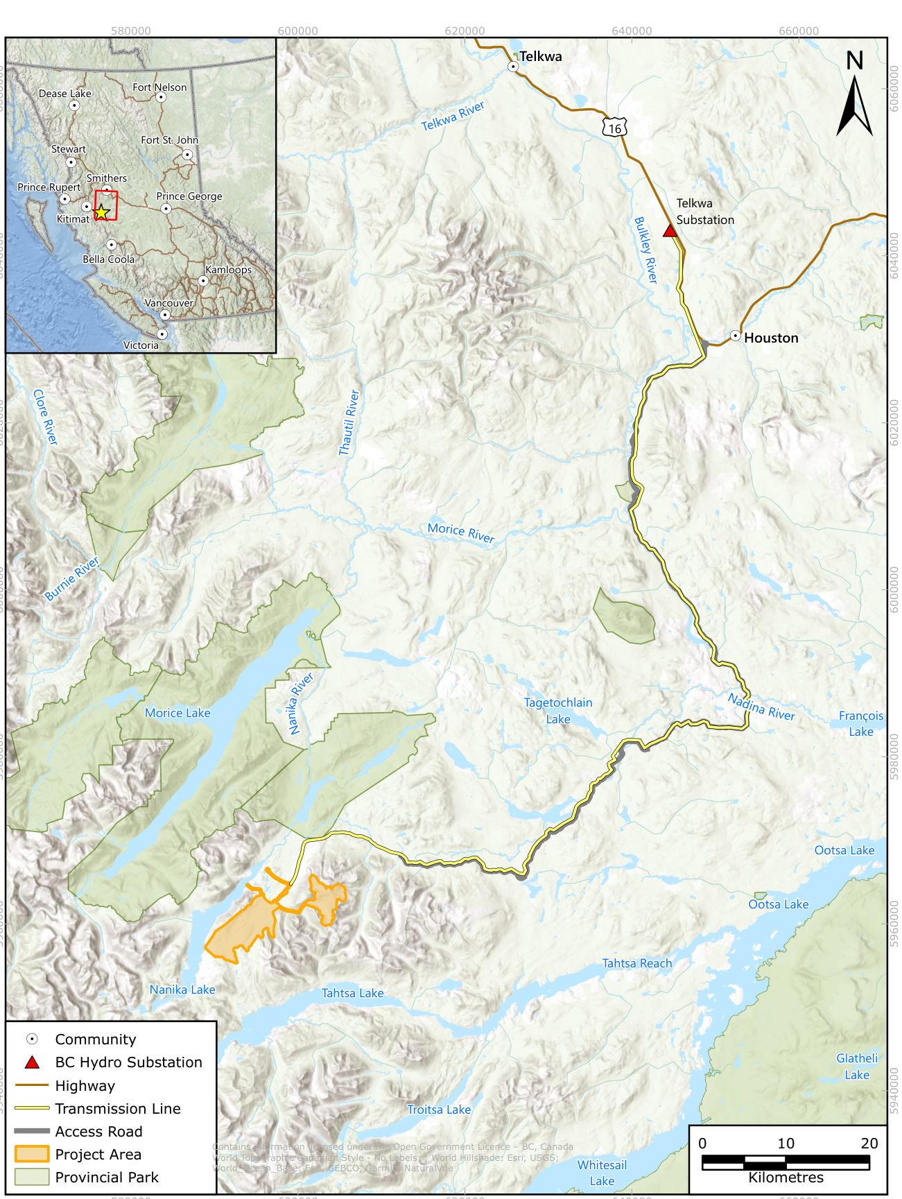 Map of the region between Telkwa and Tahtsa Lake. The orange Project Area sits at the southeast end of Nanika Lake. A yellow transmission line runs northeast from it along the Nadina River and Morice River valleys to Houston and the Telkwa substation.