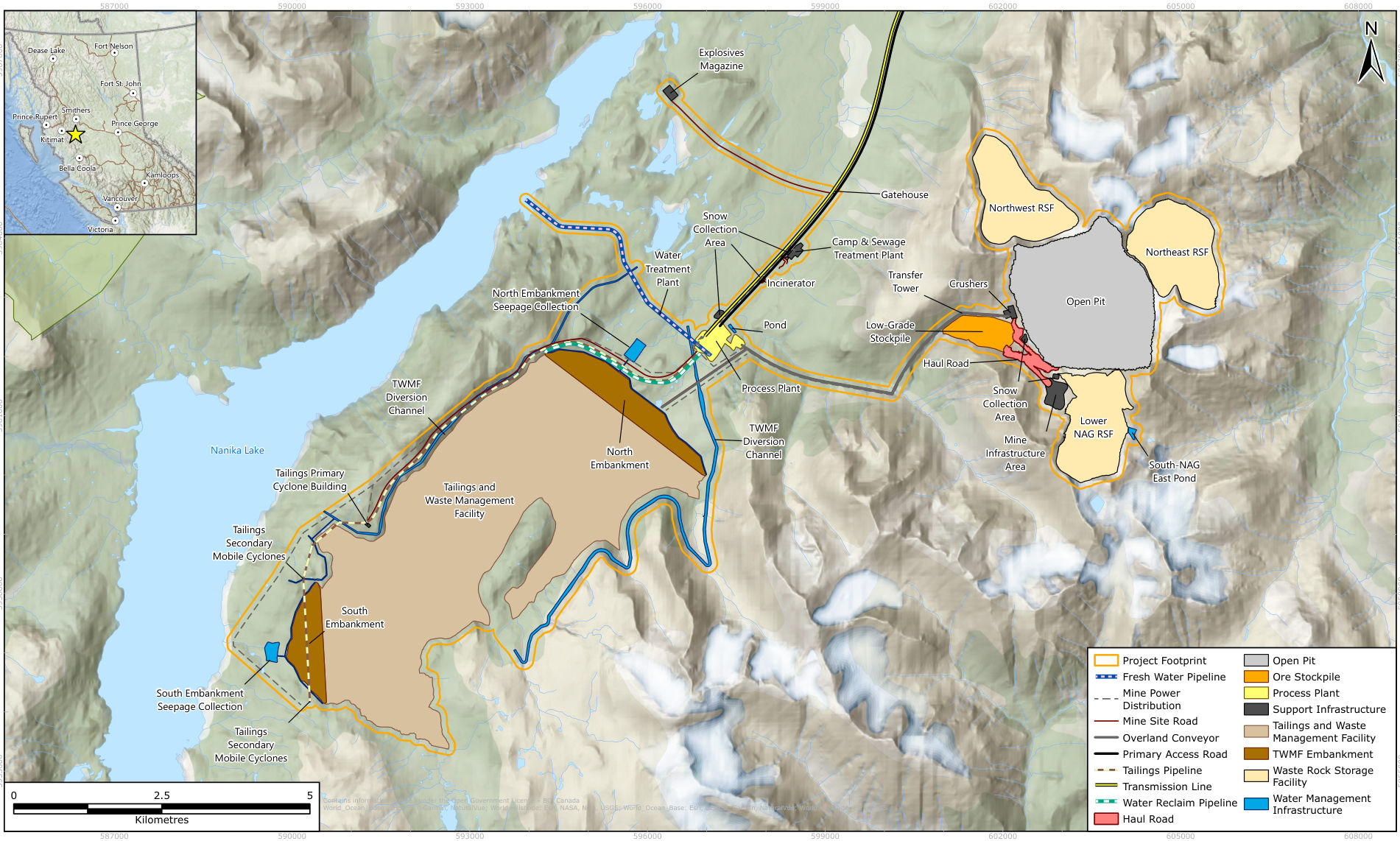 Site layout map. Nanika Lake runs diagonally on the left. The tailings and waste management facility, a large tan area with North and South embankments, lies along its southeast shore. The process plant is at its northeast corner, and an overland conveyor runs east to the open pit, which is ringed by waste rock storage facilities.