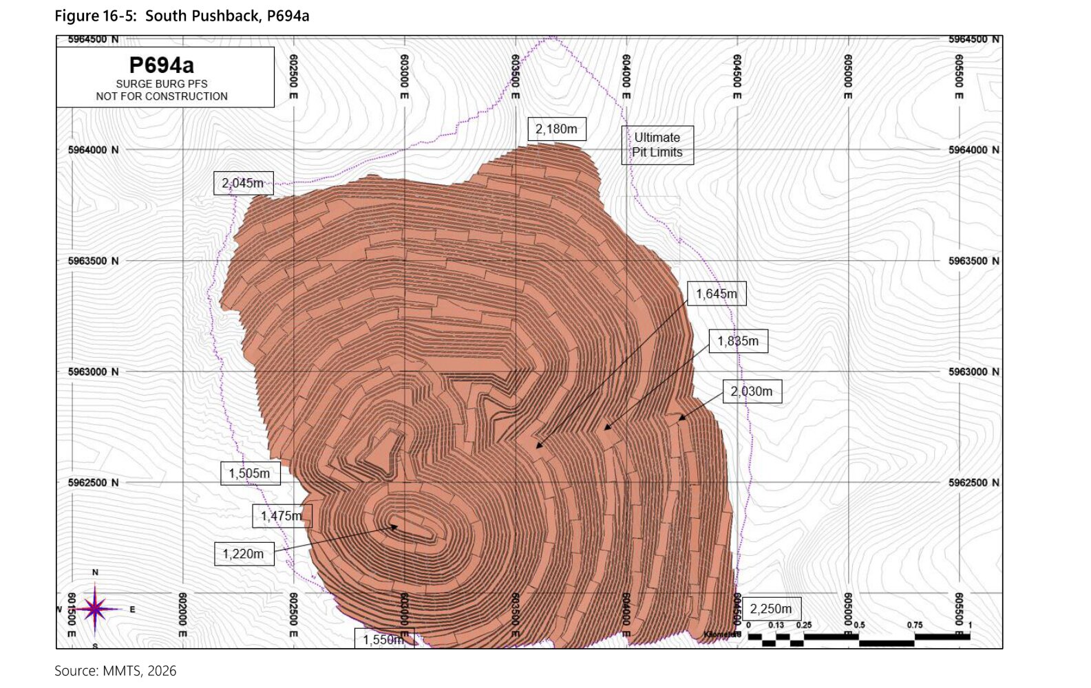 PFS Figure 16-5, plan of South Pushback on a UTM grid, with benches drawn and elevation labels for its crest and floor.