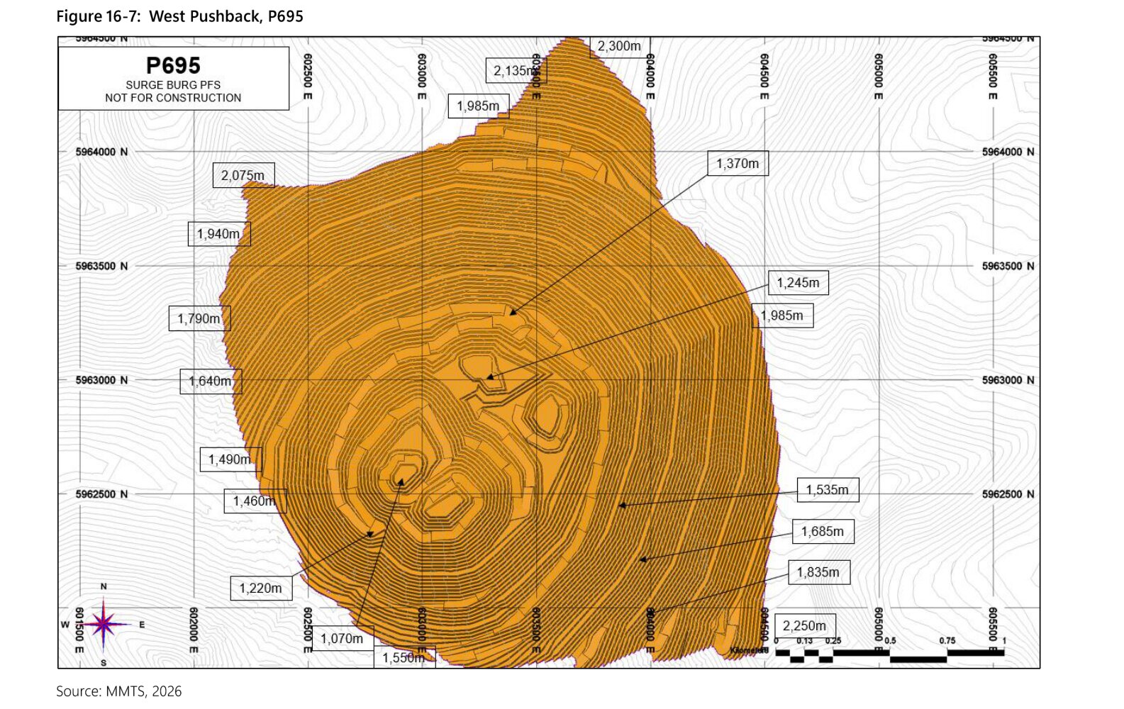PFS Figure 16-7, plan of West Pushback on a UTM grid, with benches drawn and elevation labels for its crest and floor.