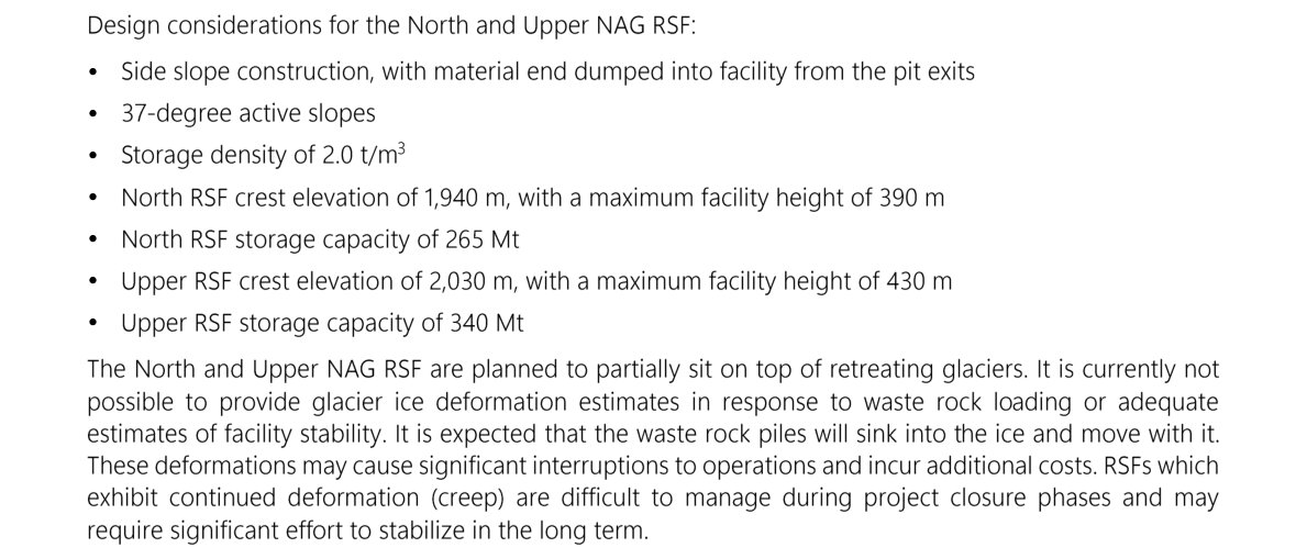 PFS design of North and Upper dumps: material end-dumped from pit exits at 37-degree slopes; North dump crest 1,940 metres, maximum height 390 metres, capacity 265 million tonnes; Upper dump crest 2,030 metres, maximum height 430 metres, capacity 340 million tonnes. Both partly sit on retreating glaciers.