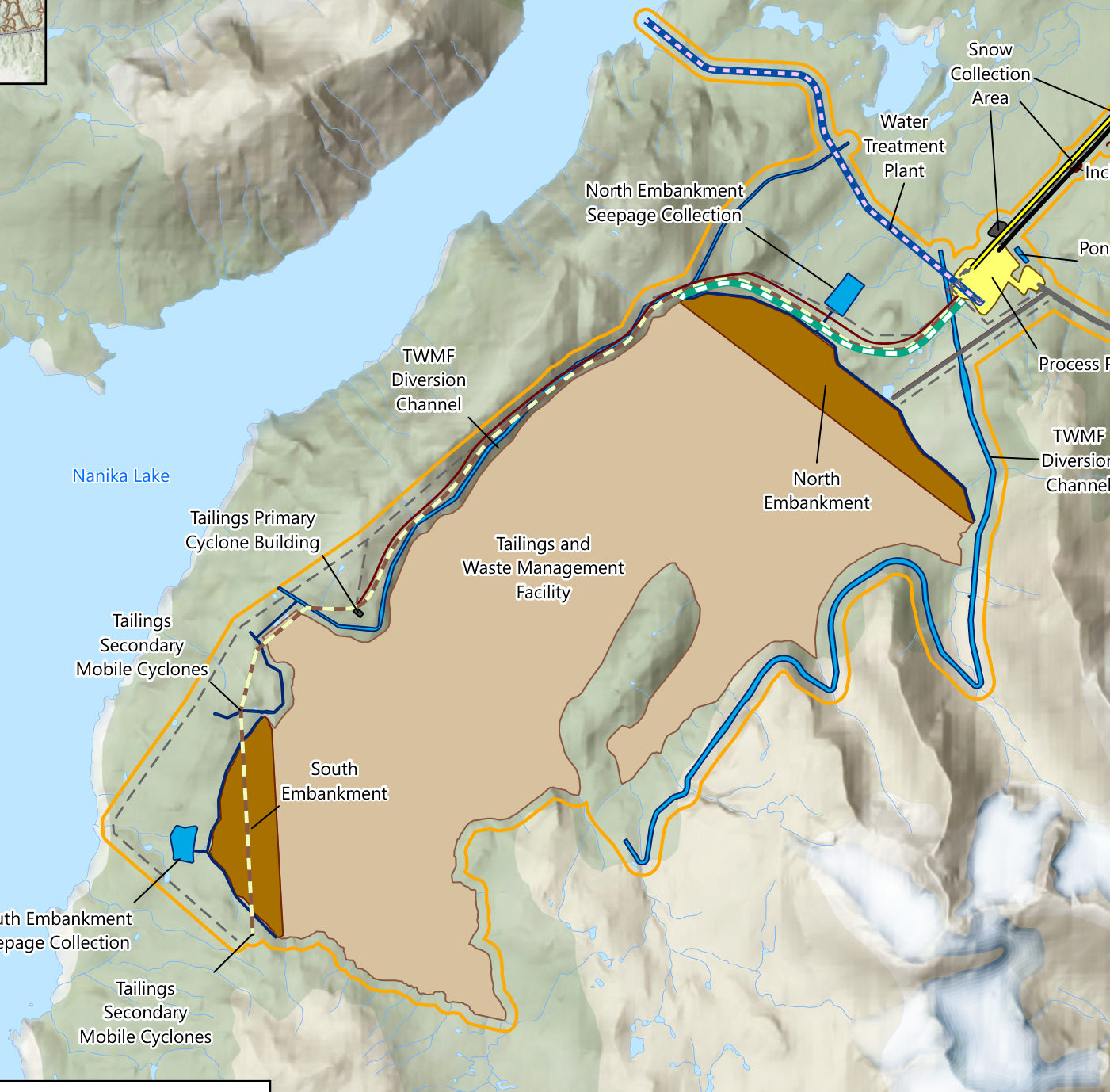 Detail of the site layout map. Nanika Lake is on the left. The tan Tailings and Waste Management Facility fills a valley to its southeast, closed by a brown North Embankment near the process plant and a brown South Embankment near the lakeshore. Blue diversion channels run around the facility, and blue seepage collection ponds sit below each embankment.